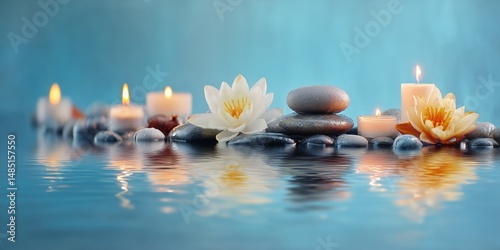 Candles Floating on Water Surrounded by Smooth Stones and Flowers at Dusk