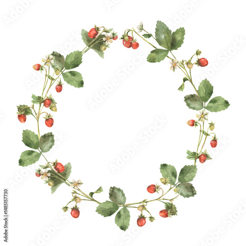 Wreath with wild strawberries. Watercolor round frame with hand-drawn illustrations of red forest berries. 