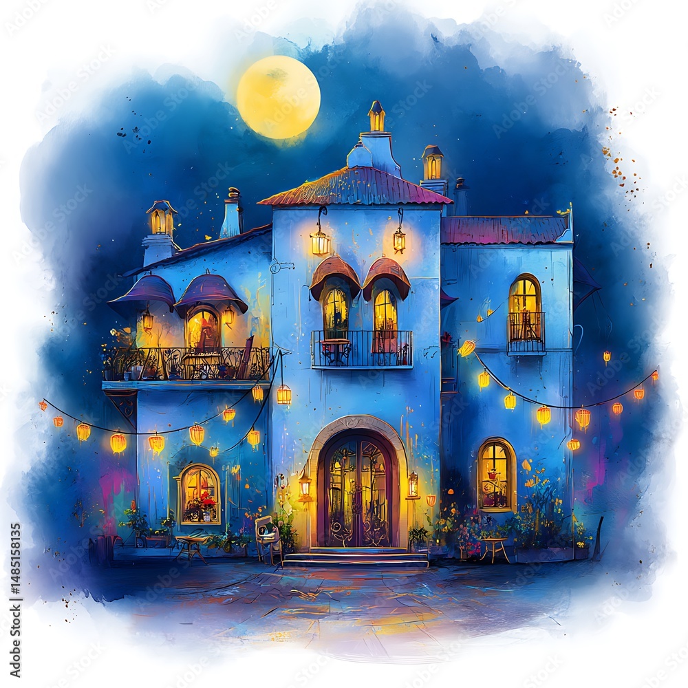 Fototapeta premium Enchanting Night Scene A Blue House Under the Full Moon.