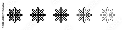 Dharmachakra icons in black stroke designs on white background