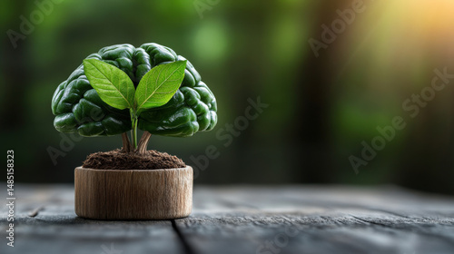 Brain shaped plant with vibrant green leaves grows from small pot, symbolizing mental health and wellness, set against blurred natural background with sunlight