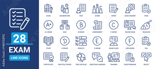 Exam icon set. Test, examination, A+ grade, questionnaire, training, quiz, results, certificate and more. Outline vector icons collection.