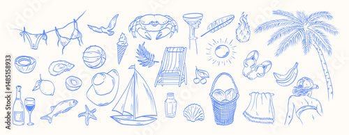 Italian vacation hand drawn vector illustrations in grunge  sketch doodle elements. Vector drawings palm tree, fruit, crab, seafood, shell, bikini, cocktail, girl, beach towel for poster, print.