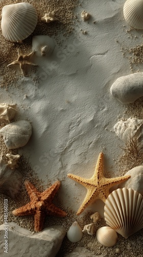 Beautiful Arrangement of Shells and Starfish on Sandy Beach Under Natural Light