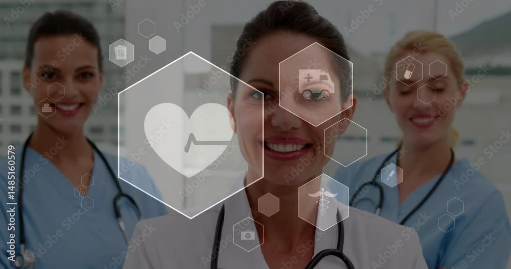 Three medical team members standing before windows, overlaying heart ambulance caduceus pill icons