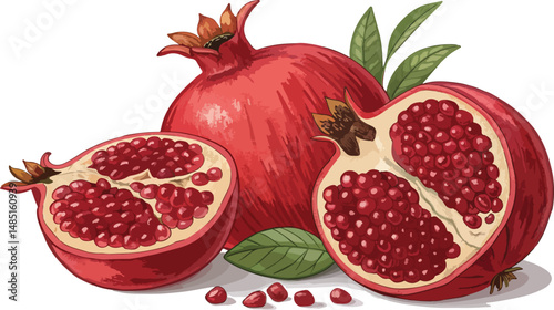 Pomegranate Illustration vector design, Pomegranate with pomegranate slice in white background