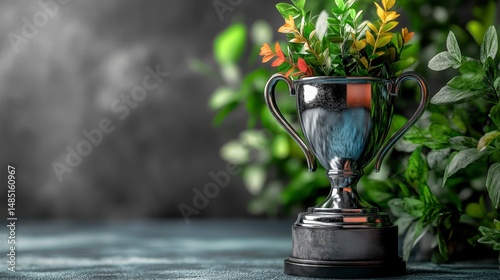 Trophy with plants growing inside symbolizes success and growth on a dark background