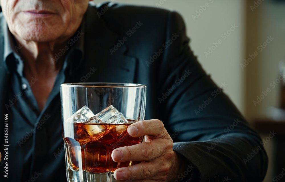 Depressed man or male alcoholic drinking whiskey at home. People abuse and alcoholism problems. Generative AI Depressed man or male alcoholic drinking whiskey at home. People abuse and alcoholism problems. Generative AI