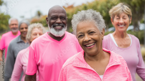 Cheerful group of older adults enjoying power walking session outdoors, wearing bright pink athletic clothing. Their smiles reflect joy and camaraderie in vibrant community setting
