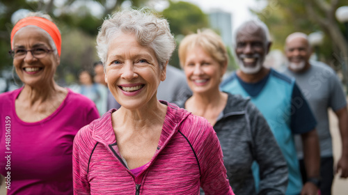 Cheerful group of older adults enjoying power walking together in park, showcasing their vibrant energy and camaraderie. Their smiles reflect joy and health