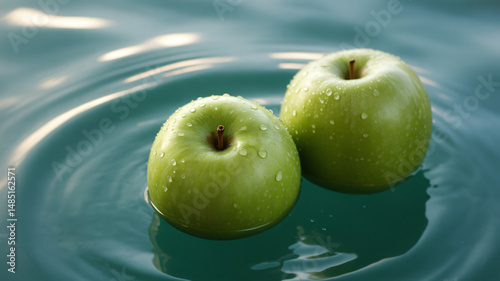 Two green apples floating on rippled teal water