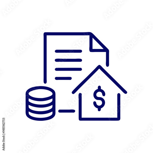 Home financing icon with document and coins for mortgage apps, housing budget tools and real estate investment dashboards

