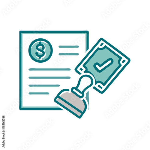 Financial approval document icon with stamp and dollar for accounting dashboards, loan apps, verified transactions and business agreements


