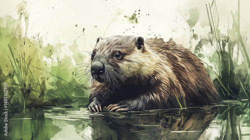 A beaver with fluffy fur is depicted in soft pastel colors against the background of a textured watercolor composition..