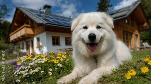 Happy Dog Relaxing Outdoors Near a Sunny House With Flowers in the Garden on ...