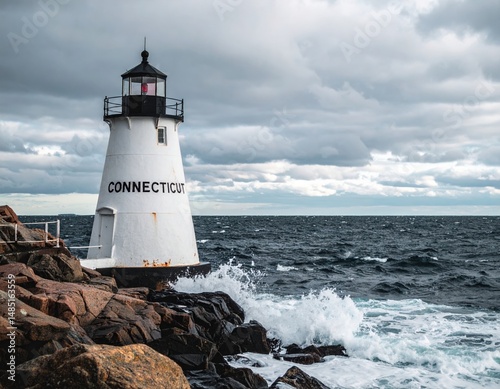 Connecticut lighthouse against stormy ocean waves and rocky shoreline