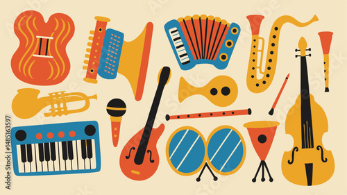 Collection of various musical instruments including guitar, piano, trumpet and percussion in flat style