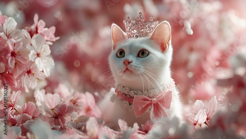 Cat in a Floral Crown Surrounded by Cherry Blossoms During Springtime