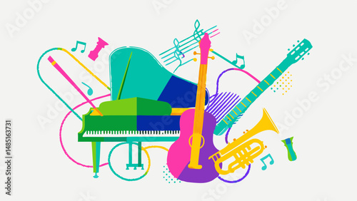 Colorful musical instruments including a piano guitar trumpet and notes arranged artistically