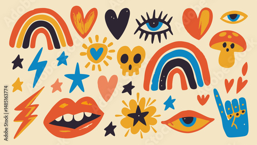 Colorful bohemian illustration with rainbows hearts eyes stars and other quirky hand drawn elements art