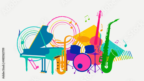 A vibrant and colorful illustration featuring musical instruments such as a piano, drums, and saxophone art