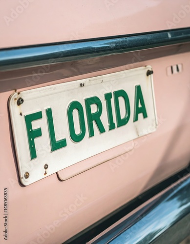 Vintage pink car with florida license plate in close-up view