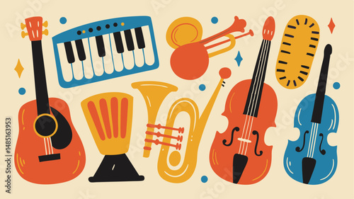 Illustration showing a collection of various musical instruments including guitar and keyboard and violins