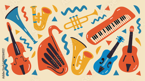 Illustration featuring a variety of musical instruments such as strings, horns, and keyboard layout design
