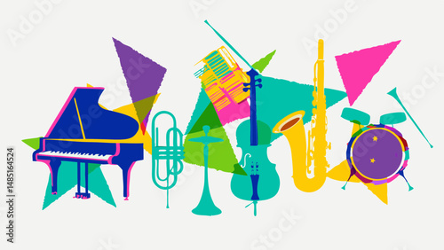 Colorful musical instruments including a piano, drums, saxophone, and violin with geometric shapes