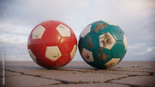Two weathered soccer balls red and teal resting together showing signs of wear and dirt