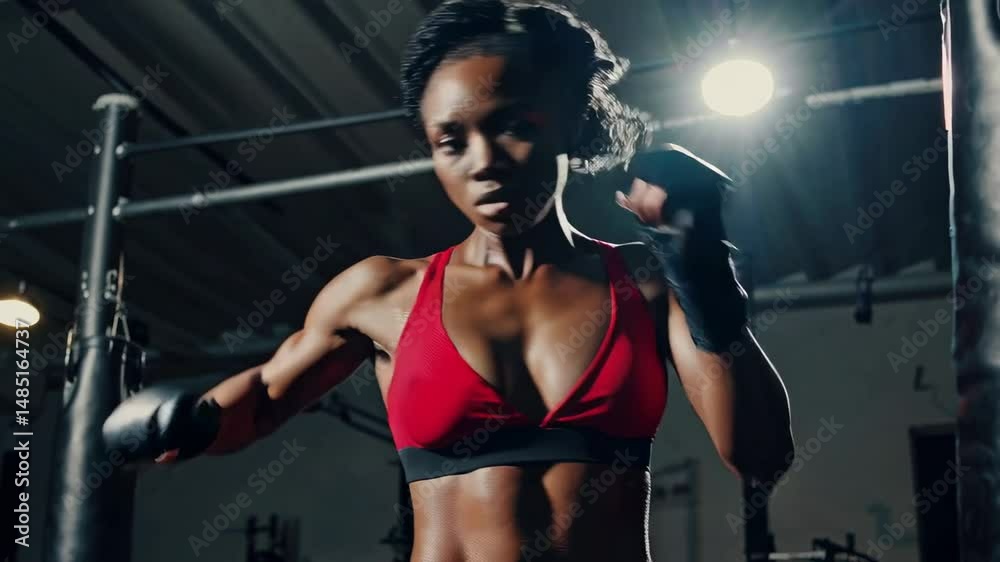 Strong female athlete training with punching bag in gym. Focused expression and powerful form captured mid-punch. Concept of fitness, empowerment, strength, and motivation 