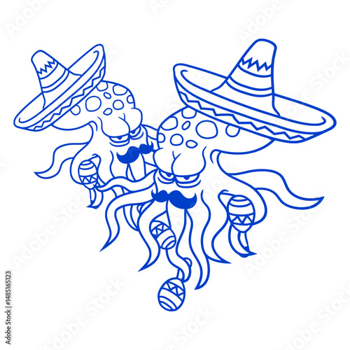 2 Octopus mexican culture hat music band team fun Isolated Vector Graphic Design Illustration
