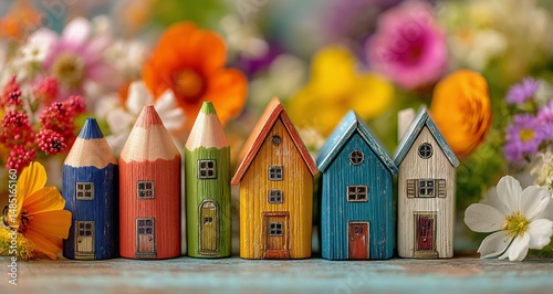 Colorful Miniature Houses Among Vibrant Flowers Create a Charming Garden Display