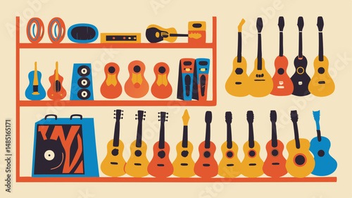 Illustration of guitars and music equipment arranged on shelves in a colorful and stylized manner