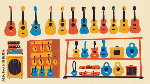 Illustration of a guitar shop with various guitars and musical equipment displayed on shelves and stands