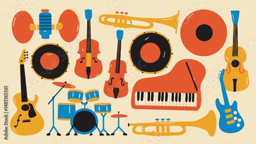Illustration of various musical instruments including guitars, drums, piano, and brass instruments spread out