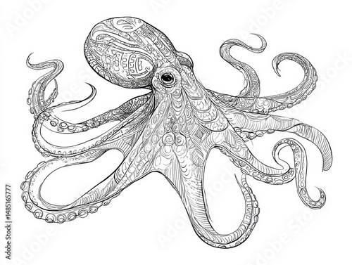Ornate ink drawing of a majestic octopus.