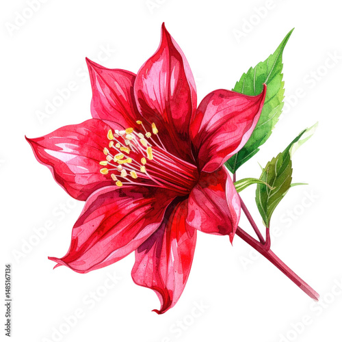 Vibrant Pink Flower with Delicate Petals and Green Leaves, a Stunning Watercolor Illustration for Nature and Botanical Themes