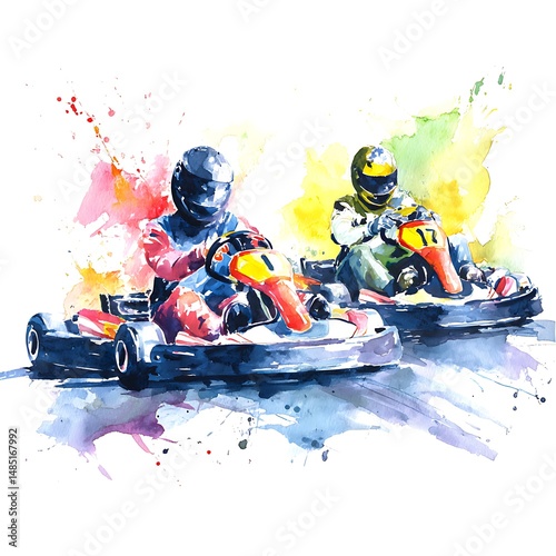 Watercolor Painting of Two Go-Kart Racers in Competition.