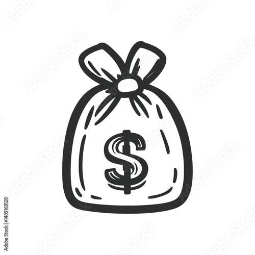 Hand drawn monochrome money bag showing dollar symbol on transparent background
