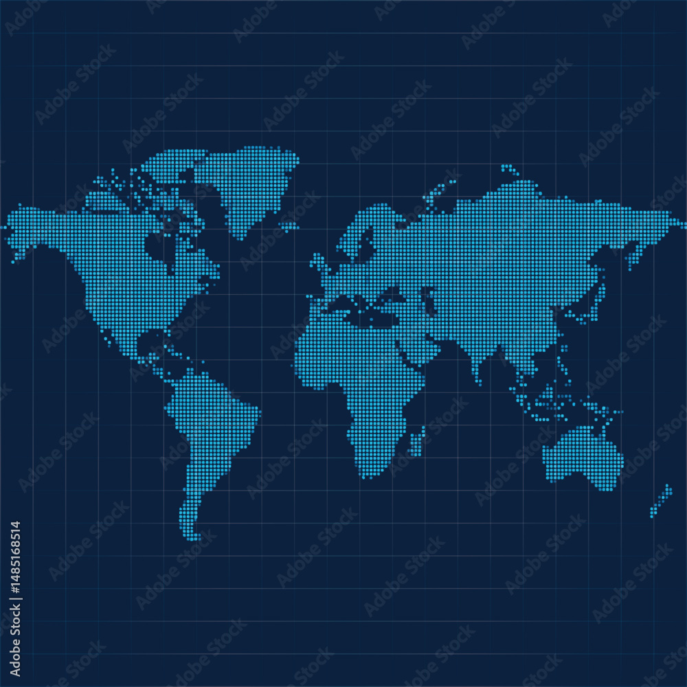 Digital pixel world map on dark blue grid background, representing global technology, data, and connectivity. Digital pixel world map on dark blue grid background, representing global technology, data, and connectivity.