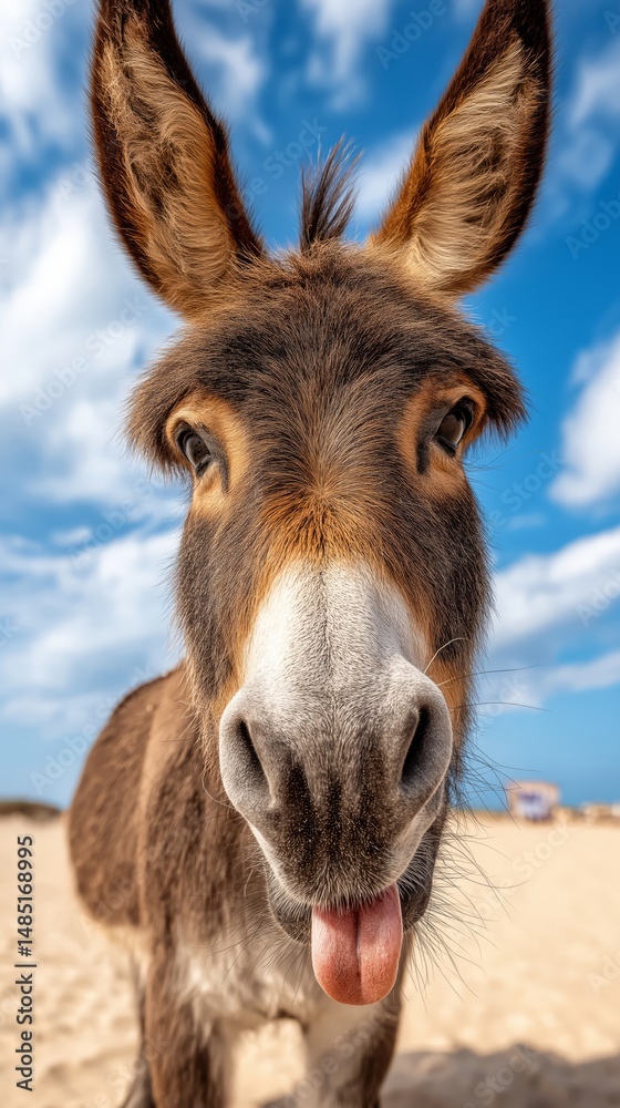 Donkey's Playful Expression: Capture the endearing charm of a donkey with its tongue out, a playful gesture against a backdrop of sand and sky, evoking lightheartedness and rural simplicity. Donkey's Playful Expression: Capture the endearing charm of a donkey with its tongue out, a playful gesture against a backdrop of sand and sky, evoking lightheartedness and rural simplicity.