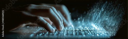 Hands Typing on Keyboard With Water Droplets Creating a Dramatic Effect in a ...