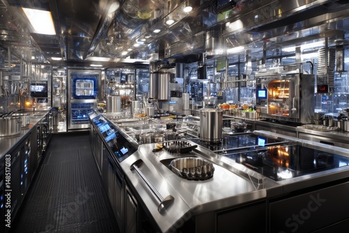 Modern Professional Kitchen with Stainless Steel Appliances and Dim Lighting photo