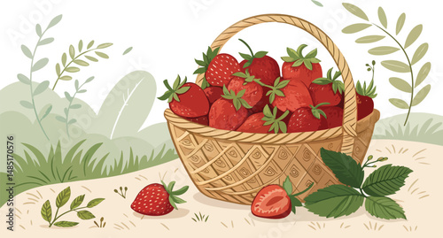 Strawberries in wicker basket in natural background vector design, Strawberry Illustration vector design