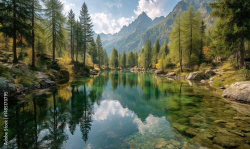 Scenic View of Tranquil River Reflecting Mountains and Trees in a Serene Land...