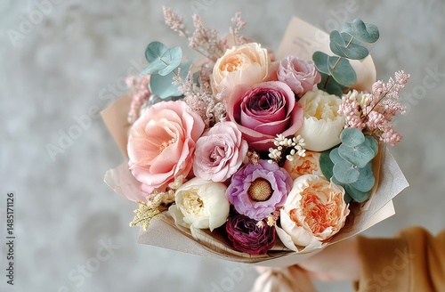 Beautiful Bouquet of Pastel Flowers Held in Hand Against a Soft Gray Background