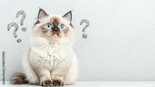 Puzzled fluffy cat with question marks isolated on light background curiosity concept