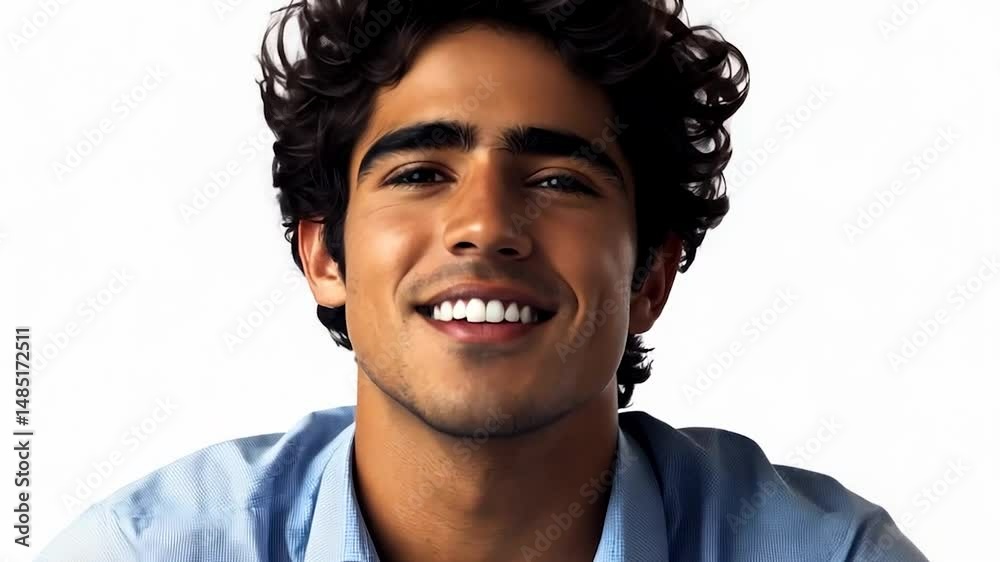 A young man with curly dark hair smiles warmly, wearing a light blue collared shirt against a white background