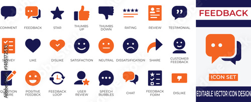 A comprehensive vector icon set representing user feedback, ratings, reviews, surveys, and testimonials. Perfect for UI/UX projects, customer service dashboards, product reviews, satisfaction tracking
